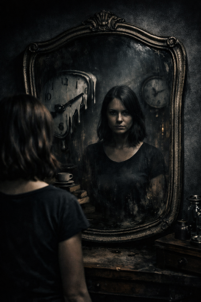 A woman stands before an antique mirror reflecting a darker version of herself. Inside the reflection, a melting clock drapes over stacked books beside a teacup, symbolizing time’s distortion and consequence. The dim, moody lighting and aged textures evoke the AGWAT philosophy—urgency without panic, presence without illusion.