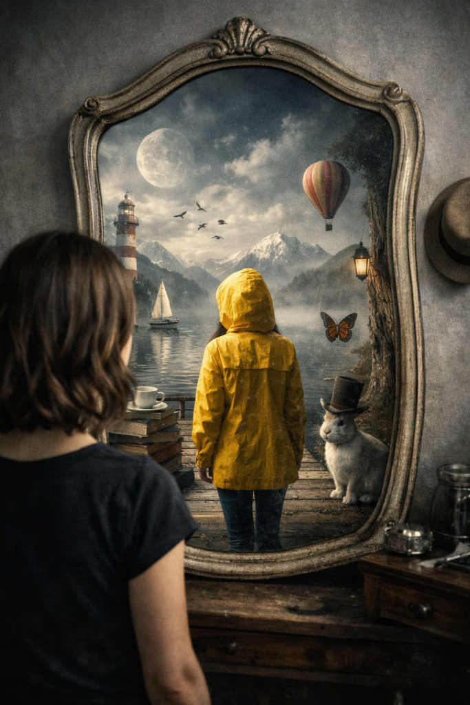 A woman stands before an ornate mirror that reflects a surreal world—a dock stretching into a misty lake beneath a full moon, with mountains, a lighthouse, a sailboat, and a hot air balloon. A white rabbit in a top hat and a butterfly appear beside her reflection, symbolizing the tension between imagination and presence central to the AGWAT philosophy.