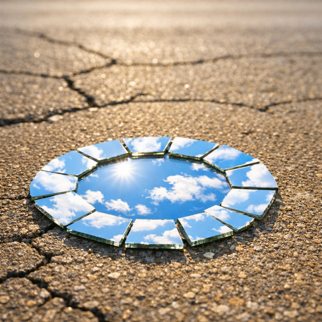 Circle of mirror shards on cracked asphalt reflecting a bright blue sky and sun, symbolizing acceptance and letting go of the past.