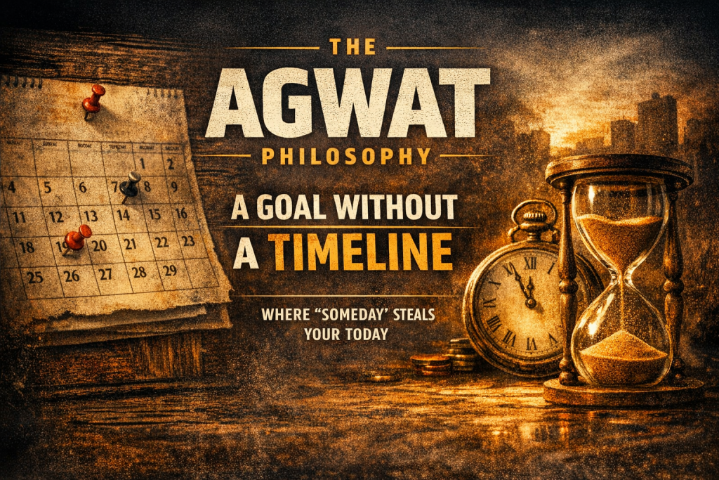 AGWAT hourglass‑calendar icon on a black background, symbolizing time, discipline, and taking action today.